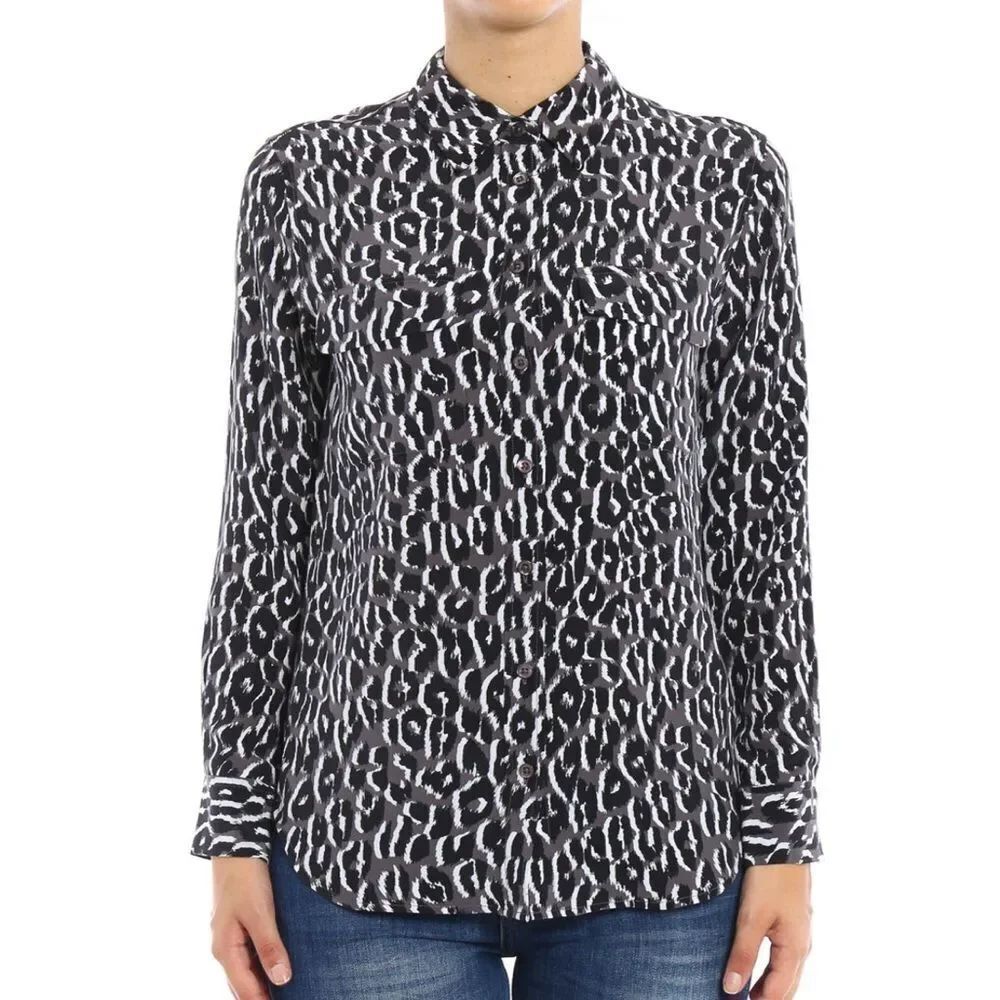 Equipment Black and White Animal Print Button Down silk Shirt, XS